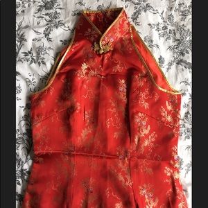 Red and gold cheongsam qipao silk dress